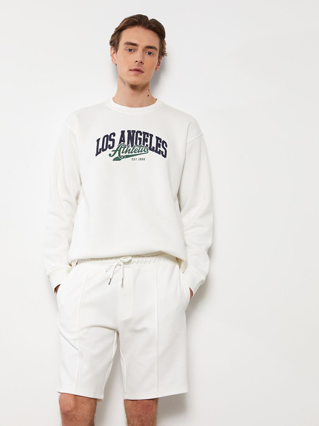 Ekru Slim Fit Örme Erkek Şort-1