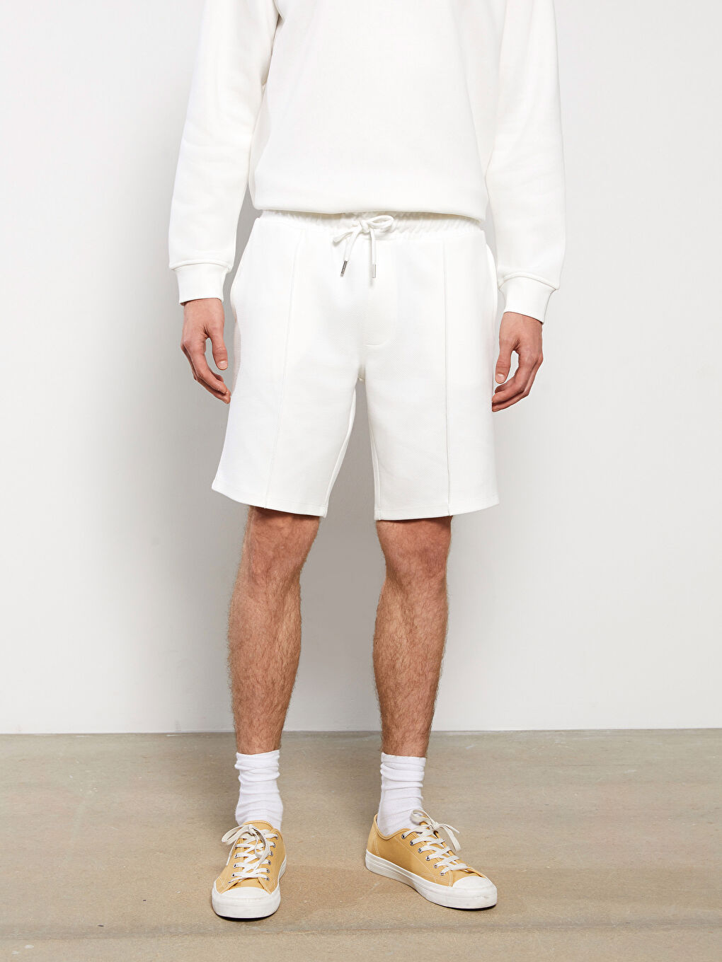 Ekru Slim Fit Örme Erkek Şort-3