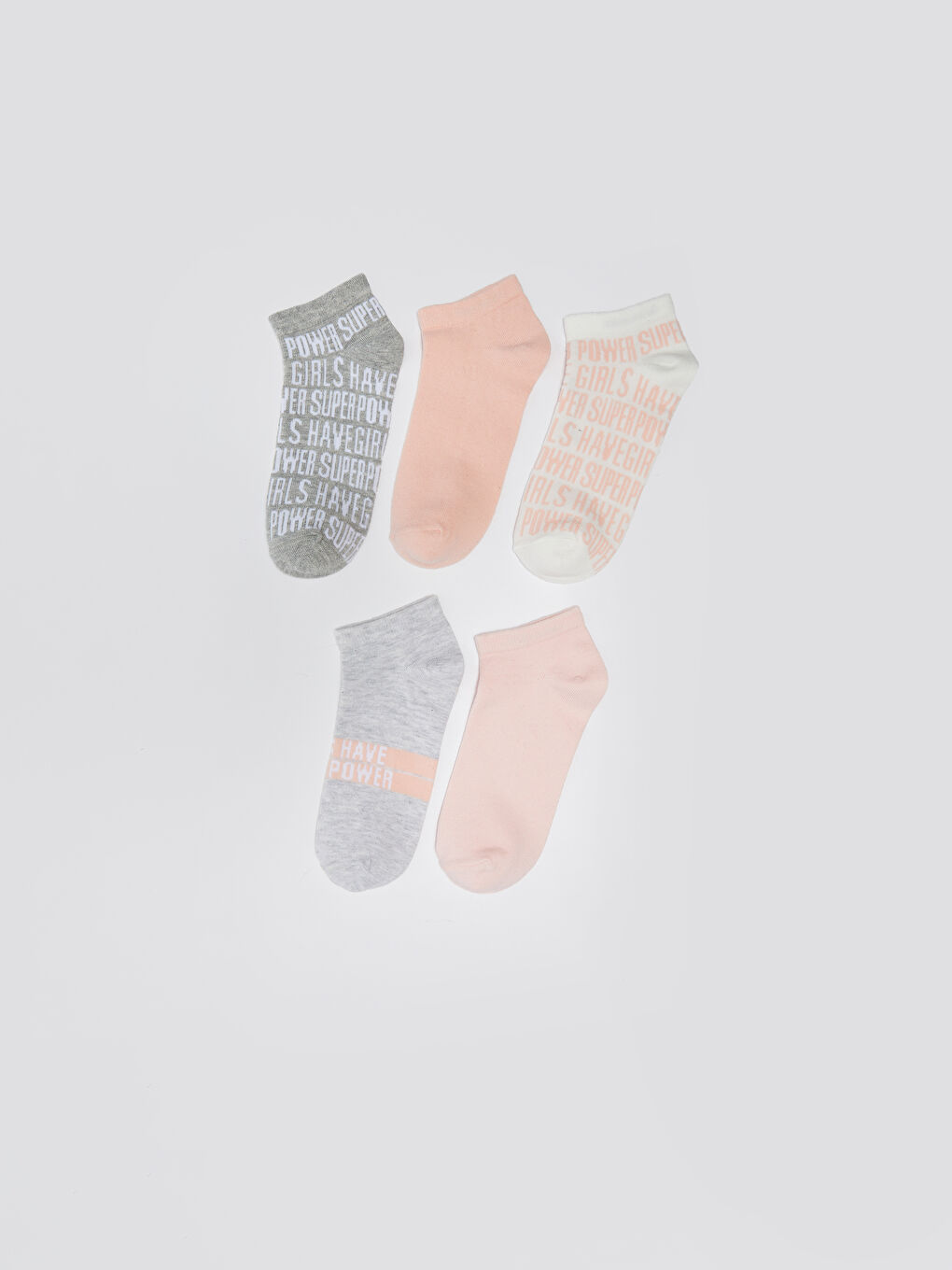 Gri Slogan Baskılı Kadın Patik Çorap 5'li-1