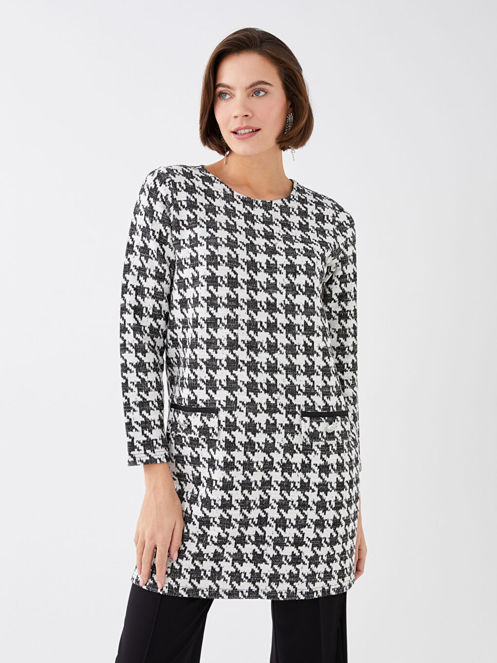 Crew Neck Patterned Long Sleeve Women's Tunic -S32455Z8-MHS