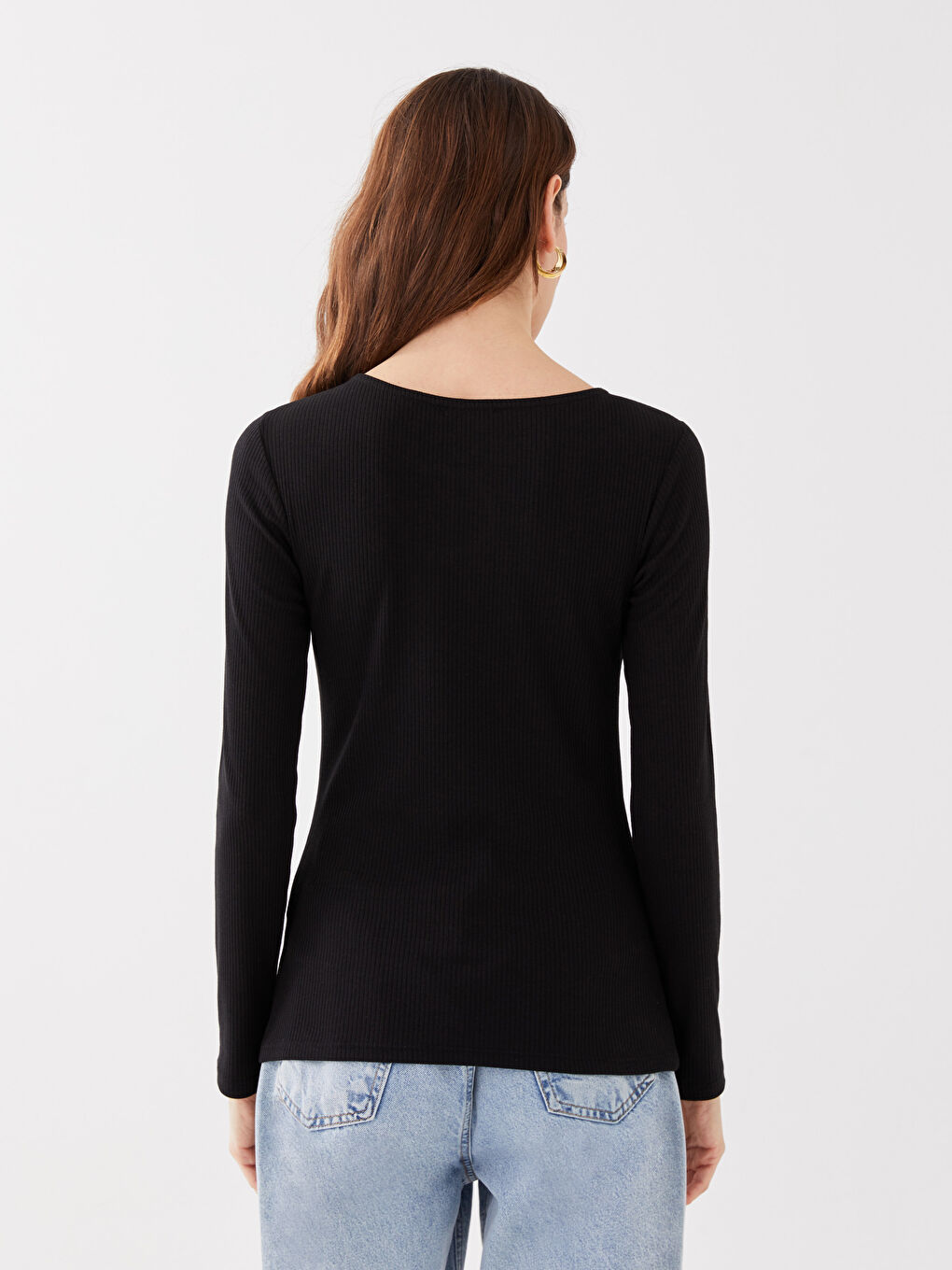 Siyah Bisiklet Yaka Düz Uzun Kollu Kadın Tişört-4