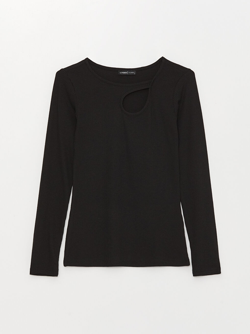 Siyah Bisiklet Yaka Düz Uzun Kollu Kadın Tişört-5