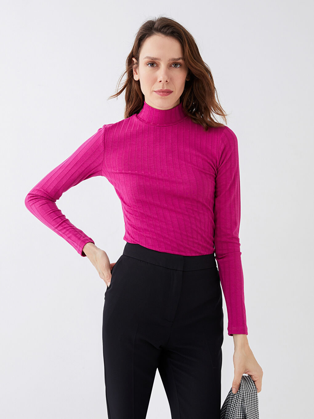 Funnel Neck Plain Long Sleeve Women's T-Shirt