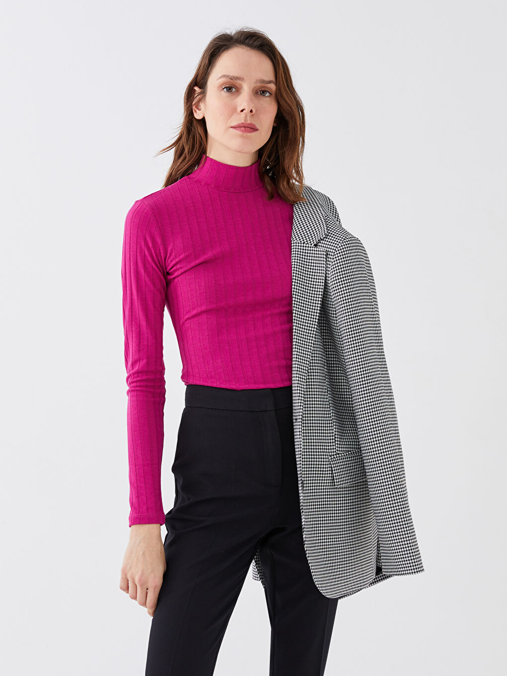 Funnel Neck Plain Long Sleeve Women's T-Shirt-1