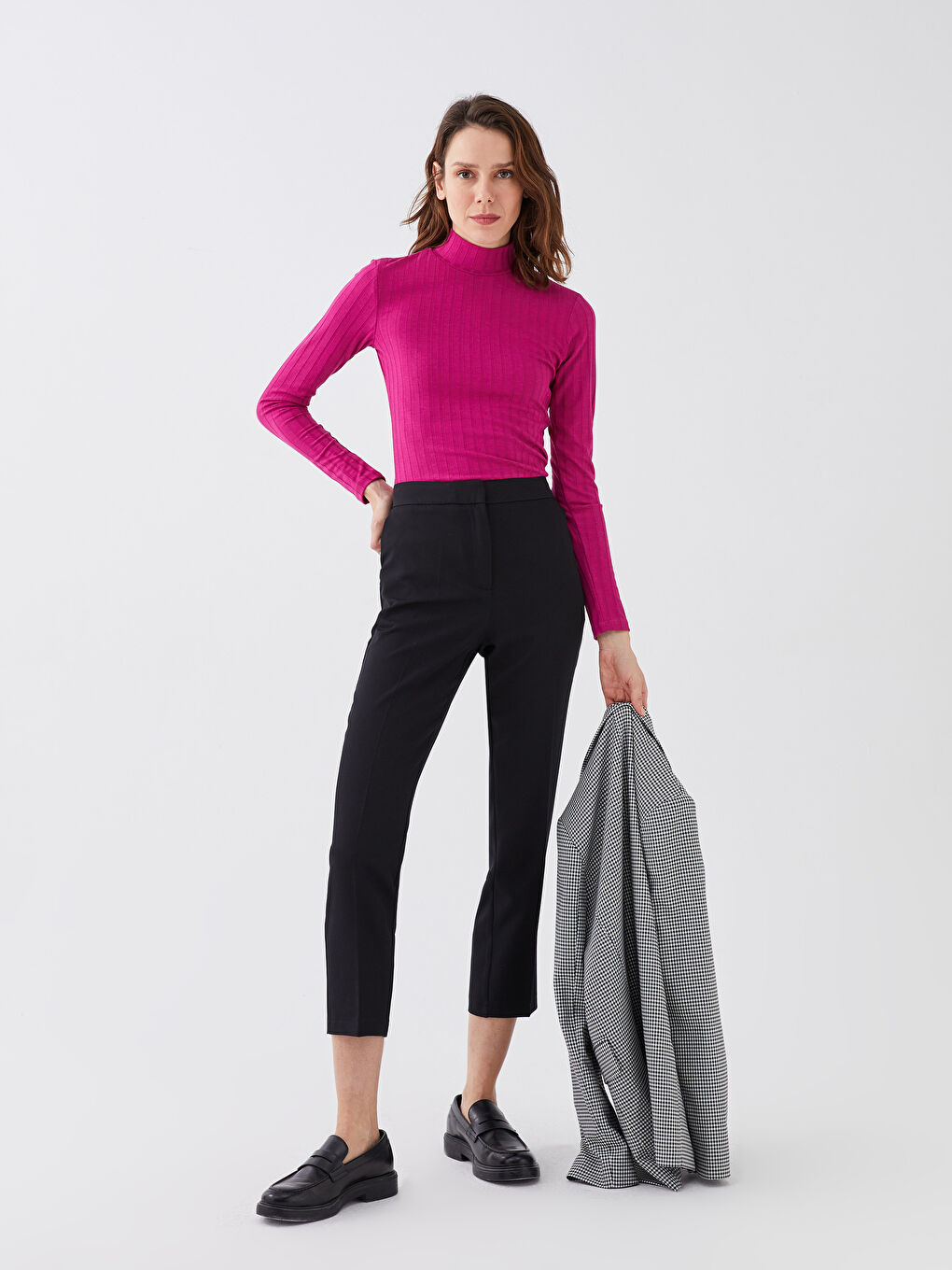 Funnel Neck Plain Long Sleeve Women's T-Shirt-3