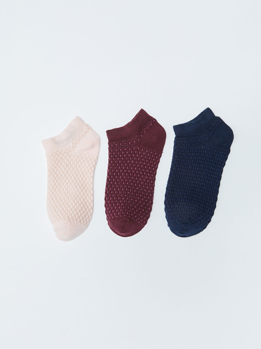 Pembe Kendinden Desenli Kadın Patik Çorap 3'lü-1