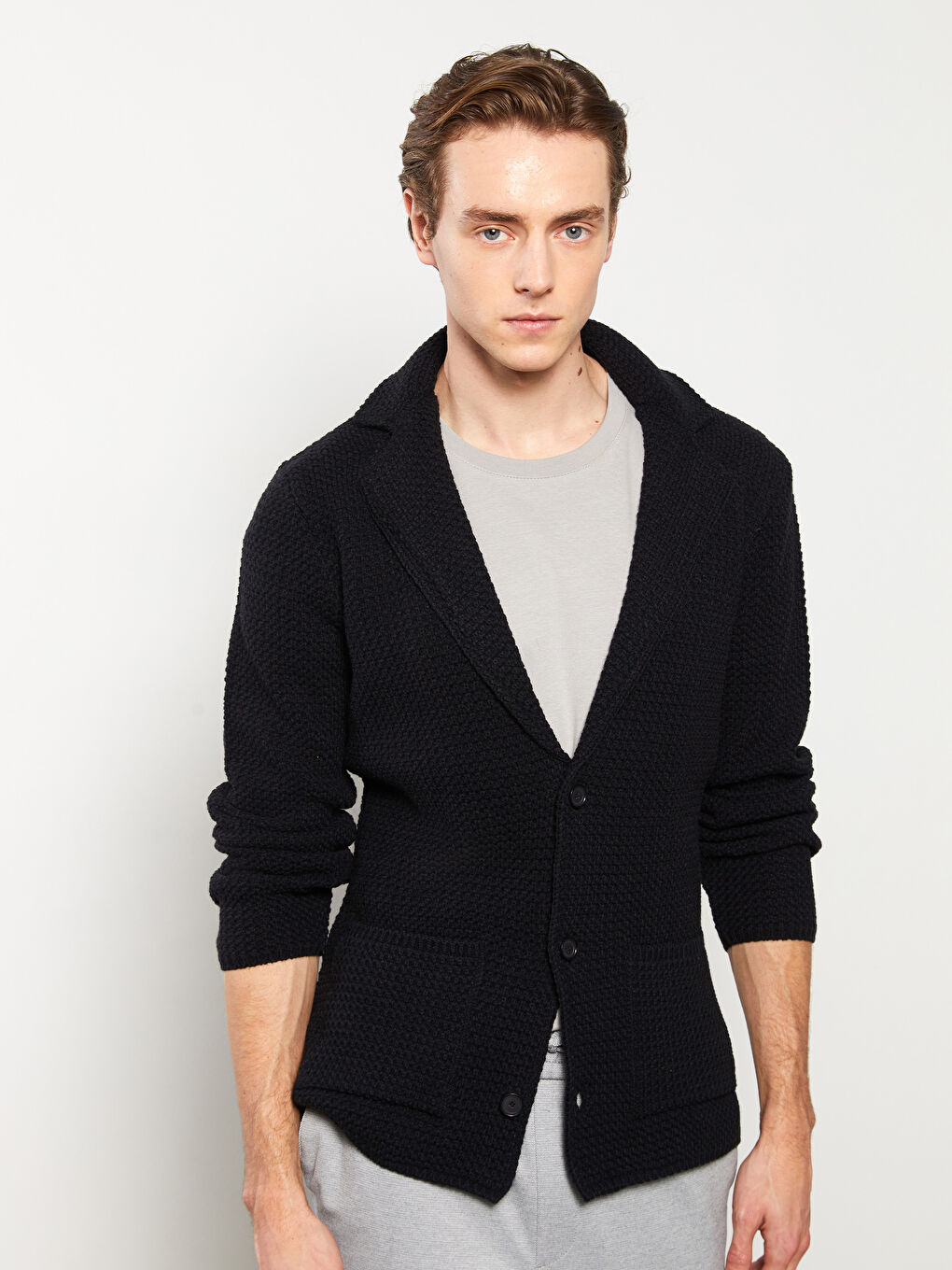 Lacivert Slim Fit Şal Yaka Erkek Triko Hırka-1