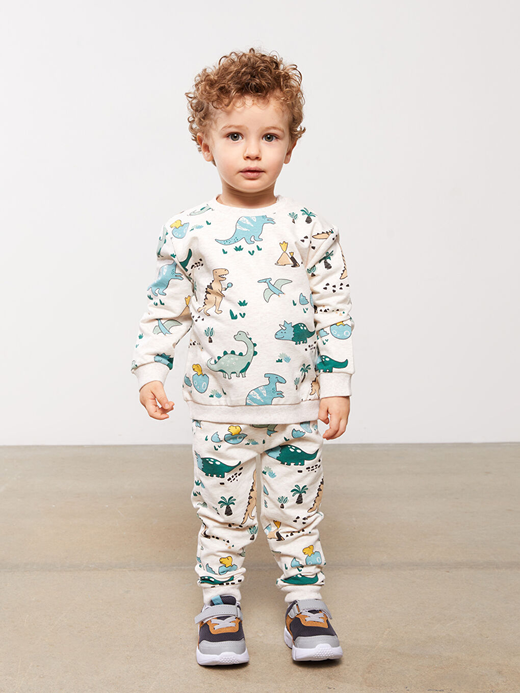 Ekru Bisiklet Yaka Baskılı Erkek Bebek Sweatshirt ve Eşofman Altı-2