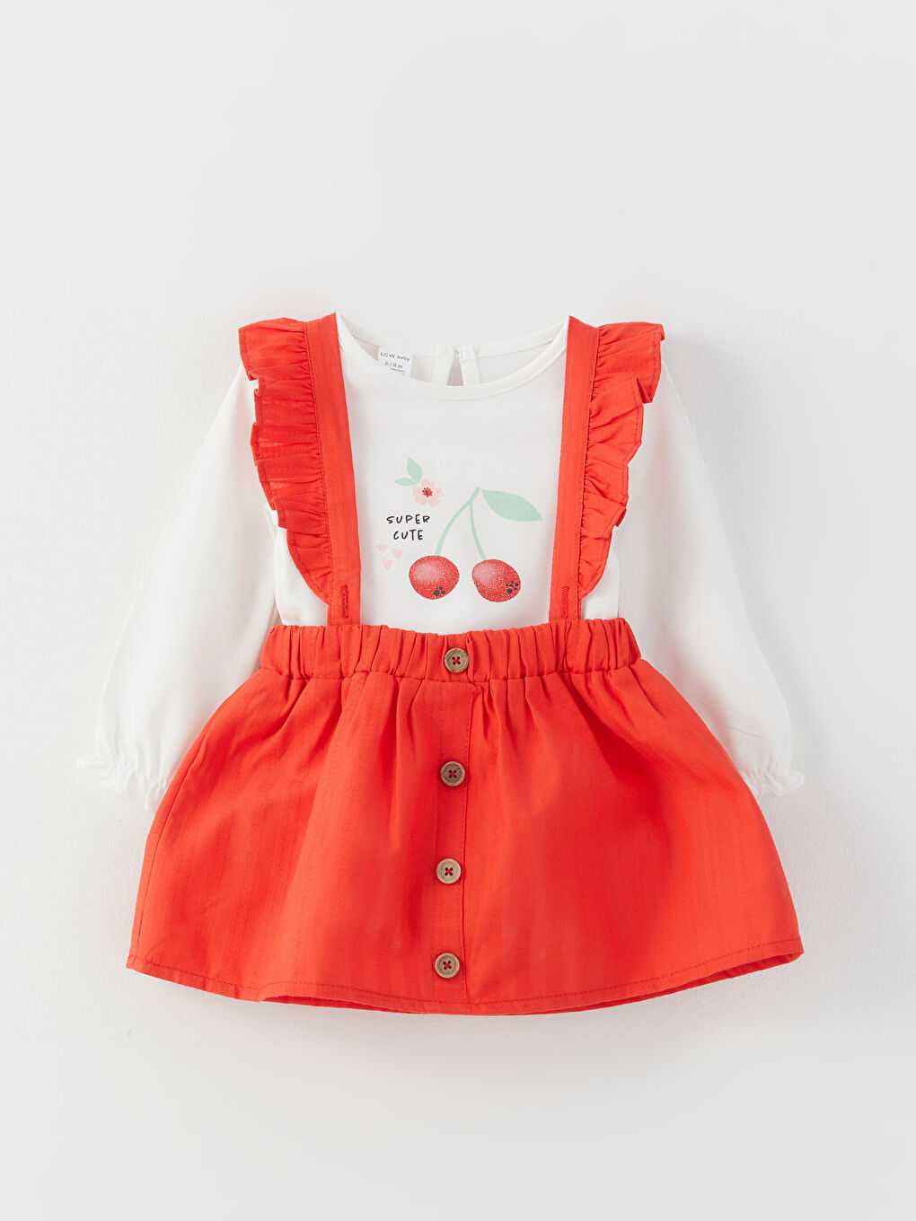 Crew Neck Long Sleeved Printed Baby Girl Snap fastener Body and Salopet Skirt 2 Piece Set