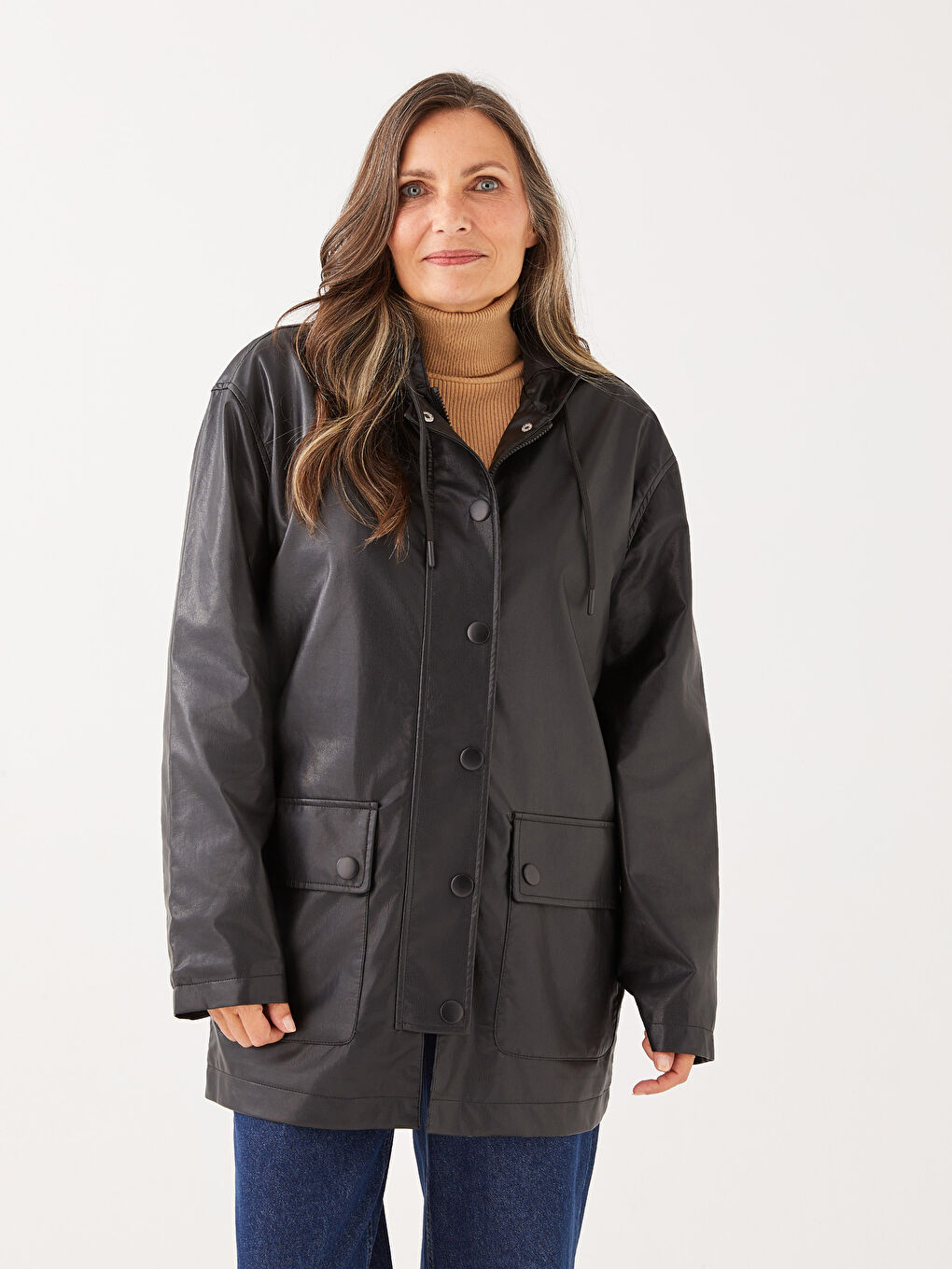 Manteau en Similicuir pour Femmes avec Capuche et Manches Longues Droites