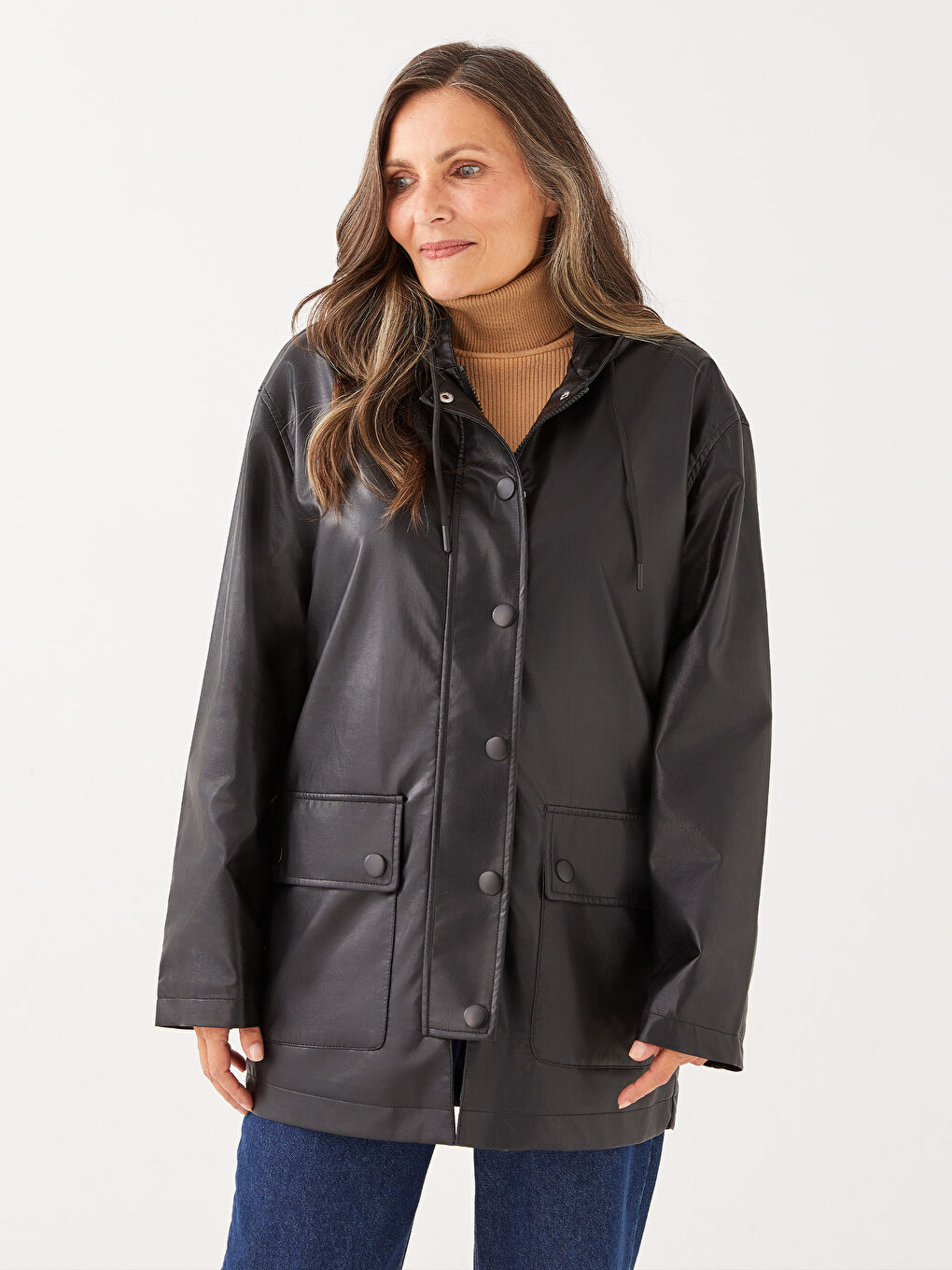 Manteau en Similicuir pour Femmes avec Capuche et Manches Longues Droites-1