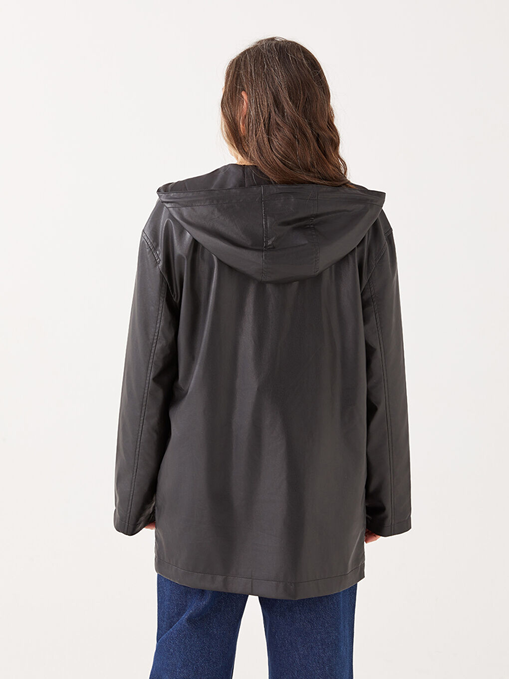 Manteau en Similicuir pour Femmes avec Capuche et Manches Longues Droites-5