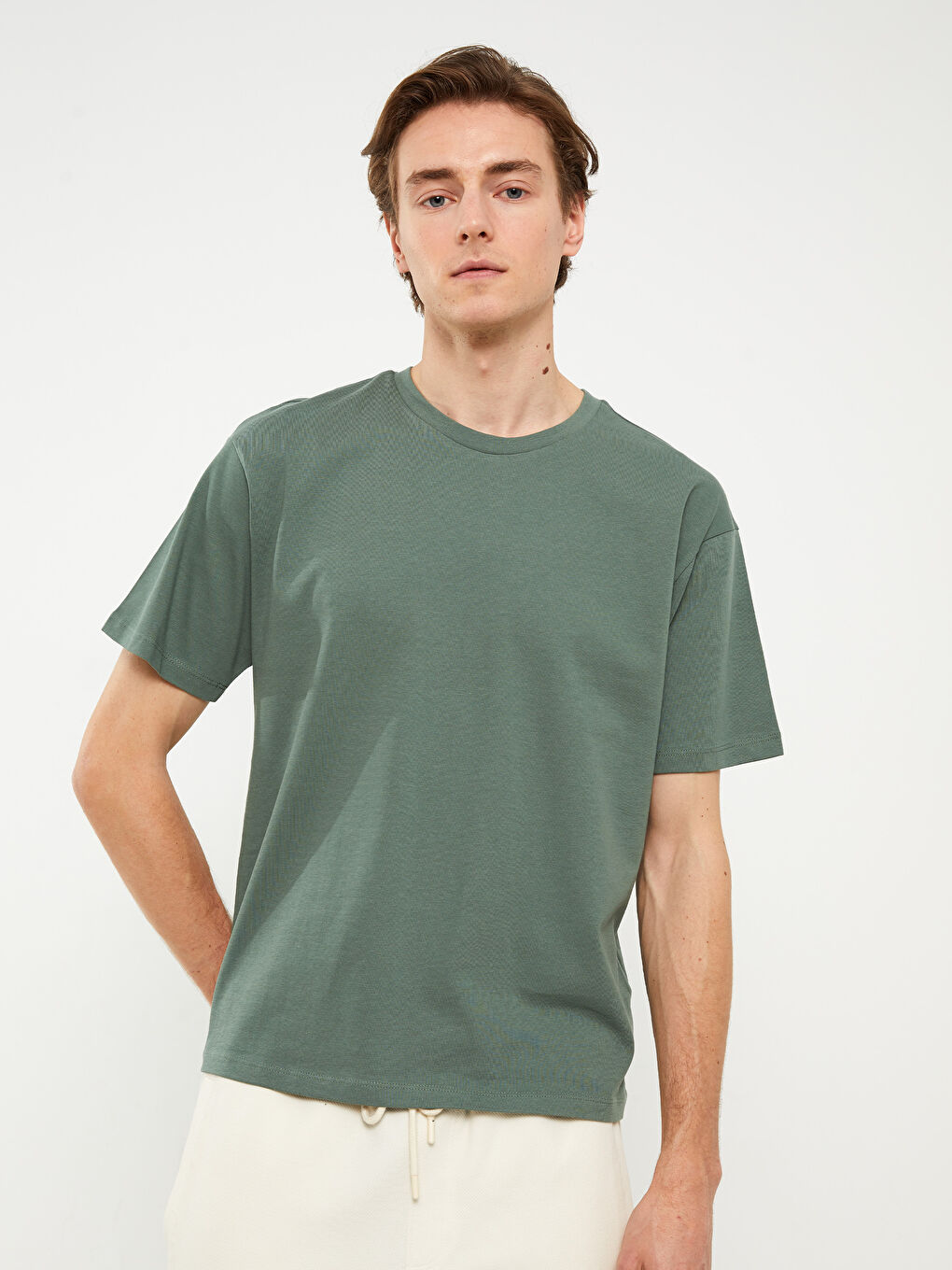 Yeşil Bisiklet Yaka Penye Erkek Tişört-1