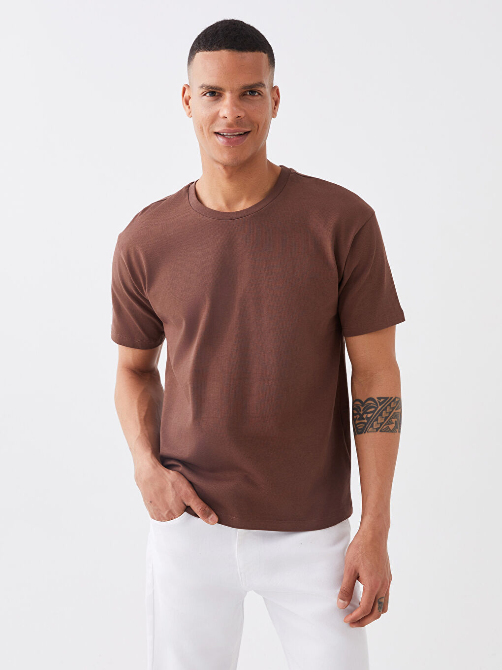 Kahverengi Bisiklet Yaka Penye Erkek Tişört-1