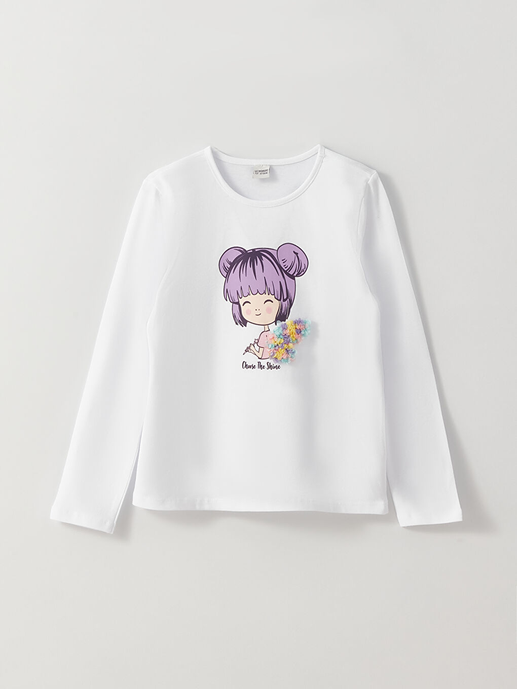 Қыздарға арналған ұзын жеңді принтті дөңгелек жағалы футболка