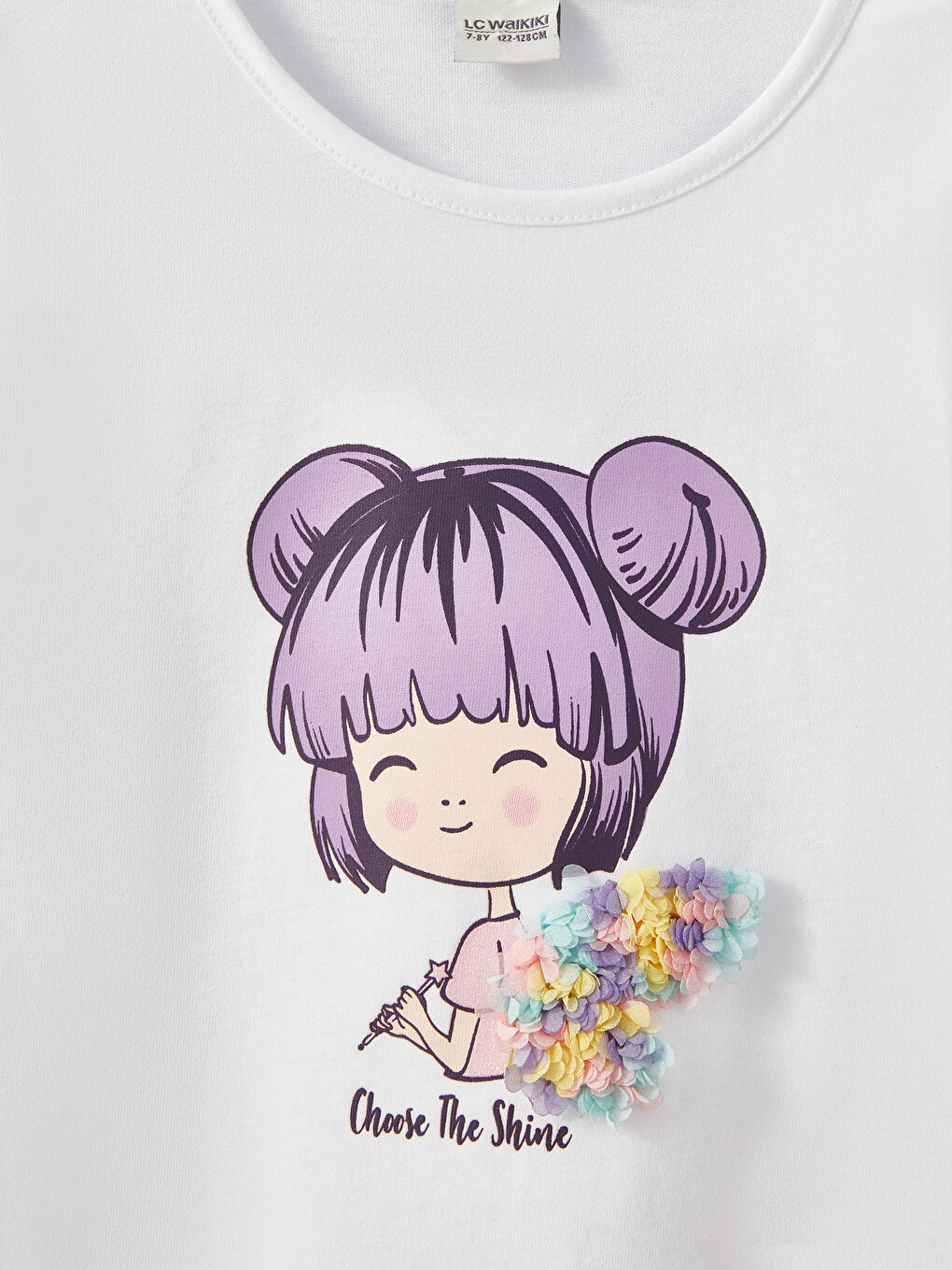 Қыздарға арналған ұзын жеңді принтті дөңгелек жағалы футболка-2