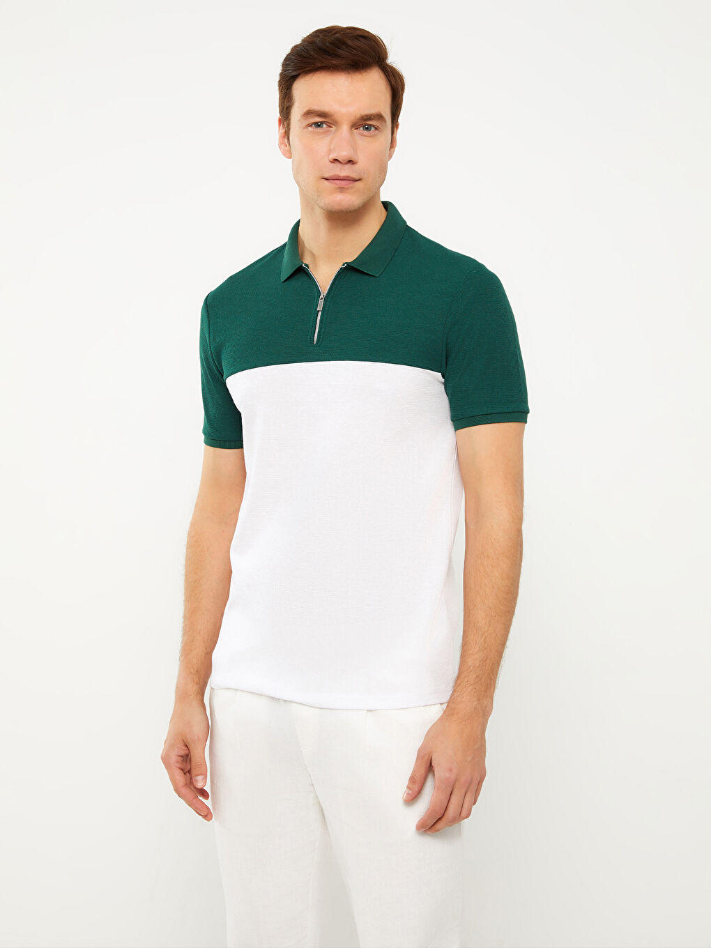 Yeşil Polo Yaka Kısa Kollu Renk Bloklu Pike Erkek Tişört