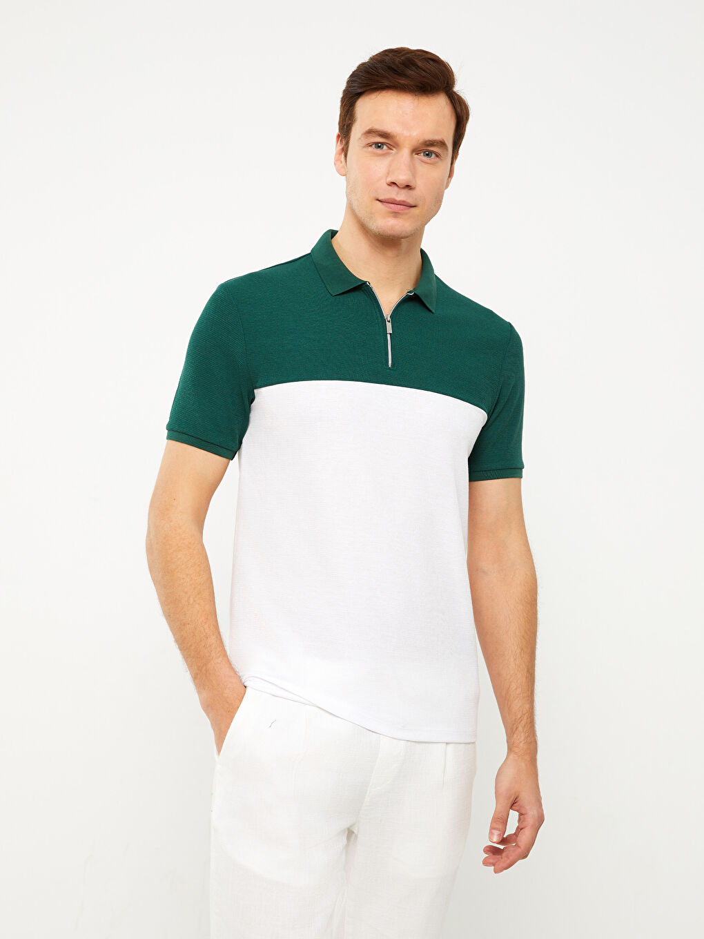 Yeşil Polo Yaka Kısa Kollu Renk Bloklu Pike Erkek Tişört-1