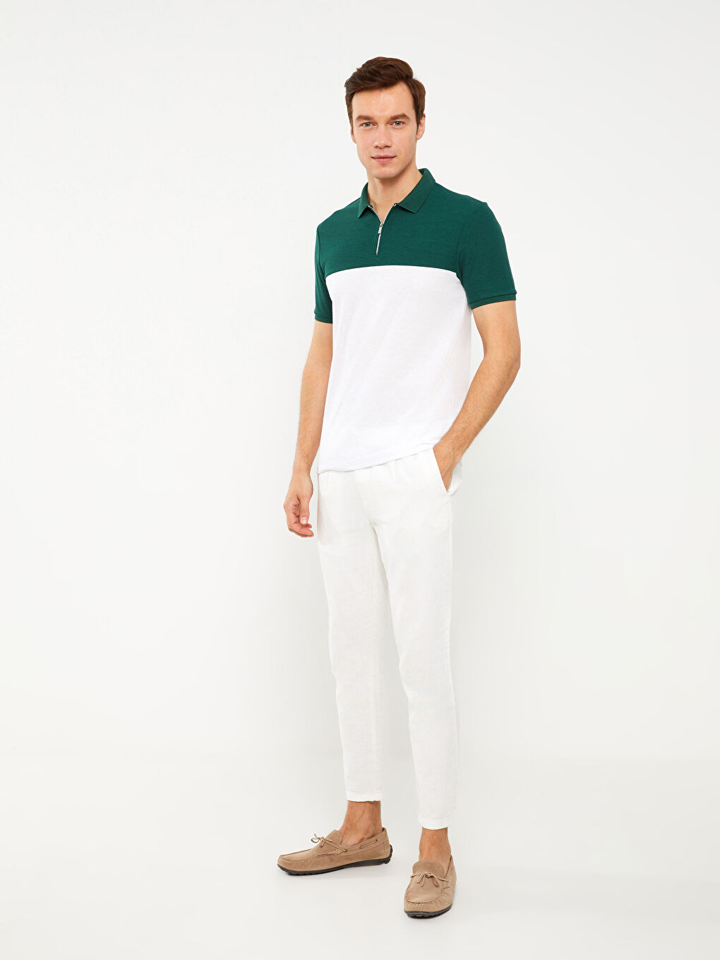 Yeşil Polo Yaka Kısa Kollu Renk Bloklu Pike Erkek Tişört-2