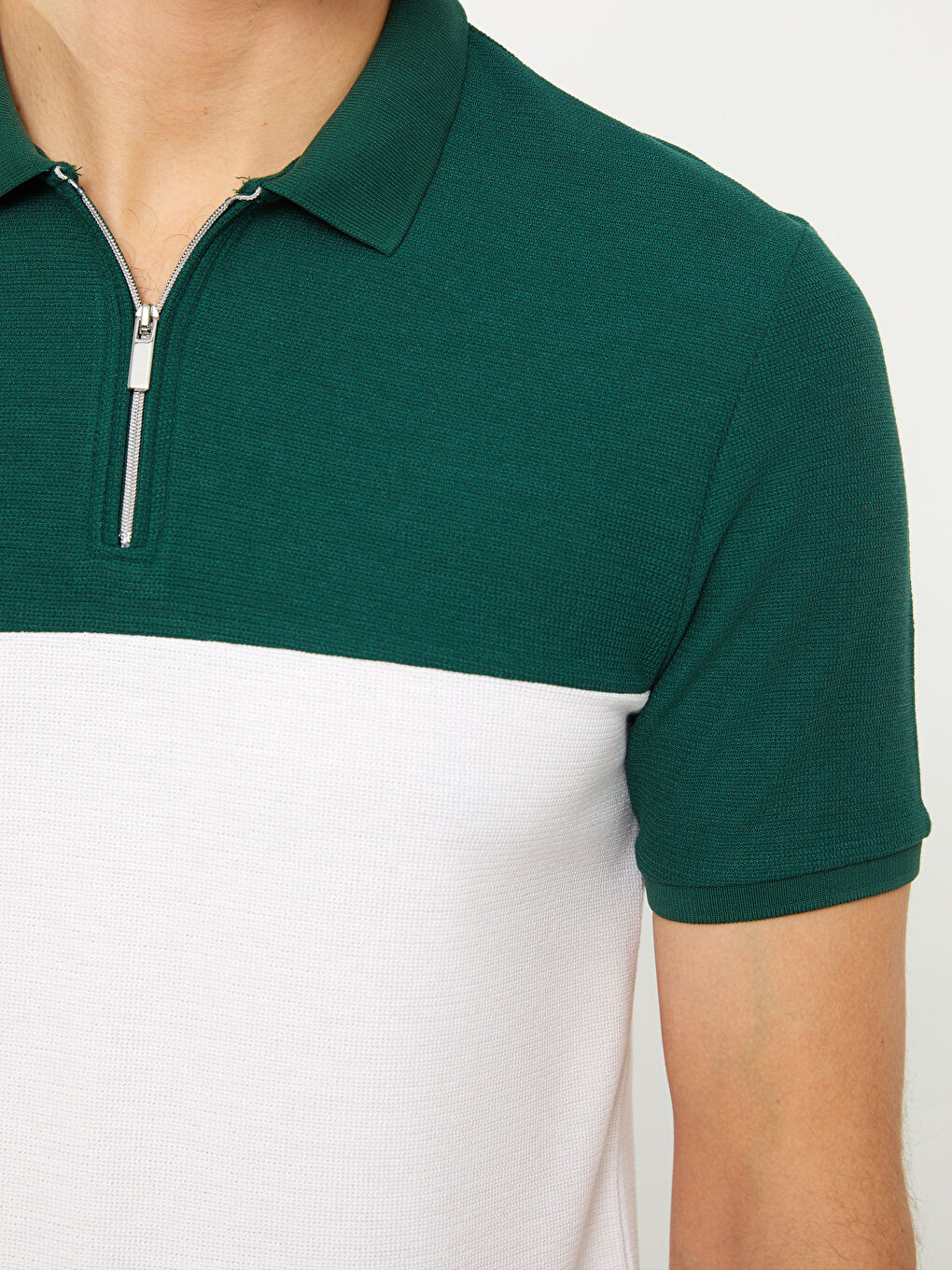 Yeşil Polo Yaka Kısa Kollu Renk Bloklu Pike Erkek Tişört-3