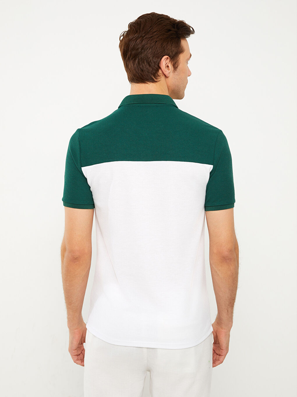 Yeşil Polo Yaka Kısa Kollu Renk Bloklu Pike Erkek Tişört-4