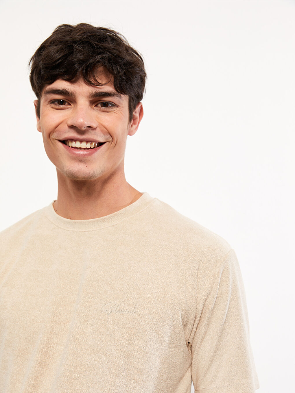 Bej Bisiklet Yaka Kısa Kollu Erkek Tişört