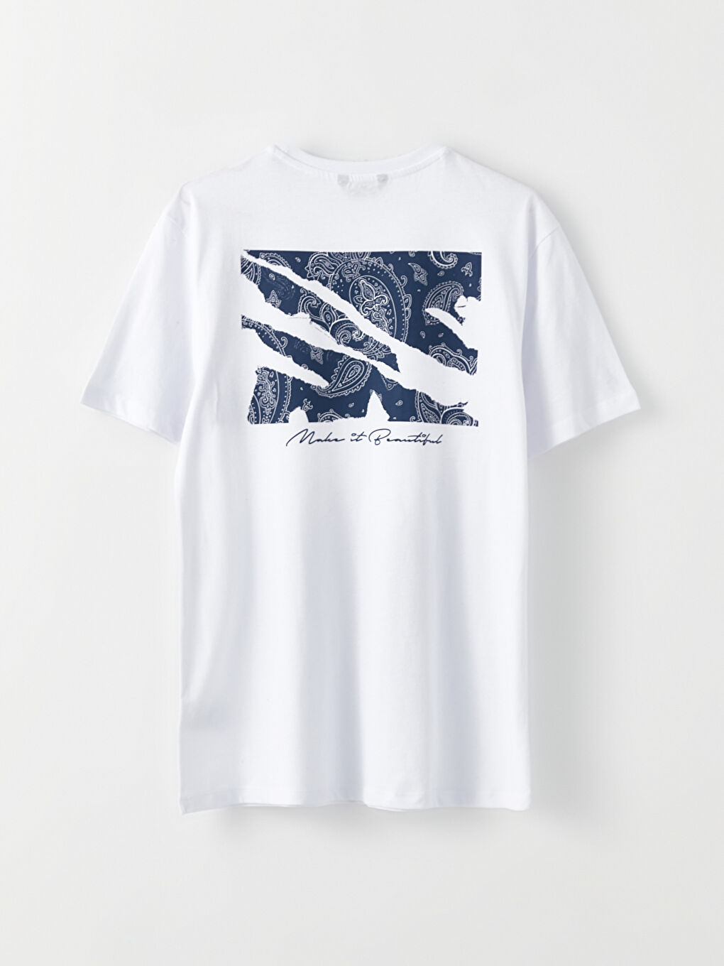 Beyaz Bisiklet Yaka Kısa Kollu Baskılı Penye Erkek Tişört-7