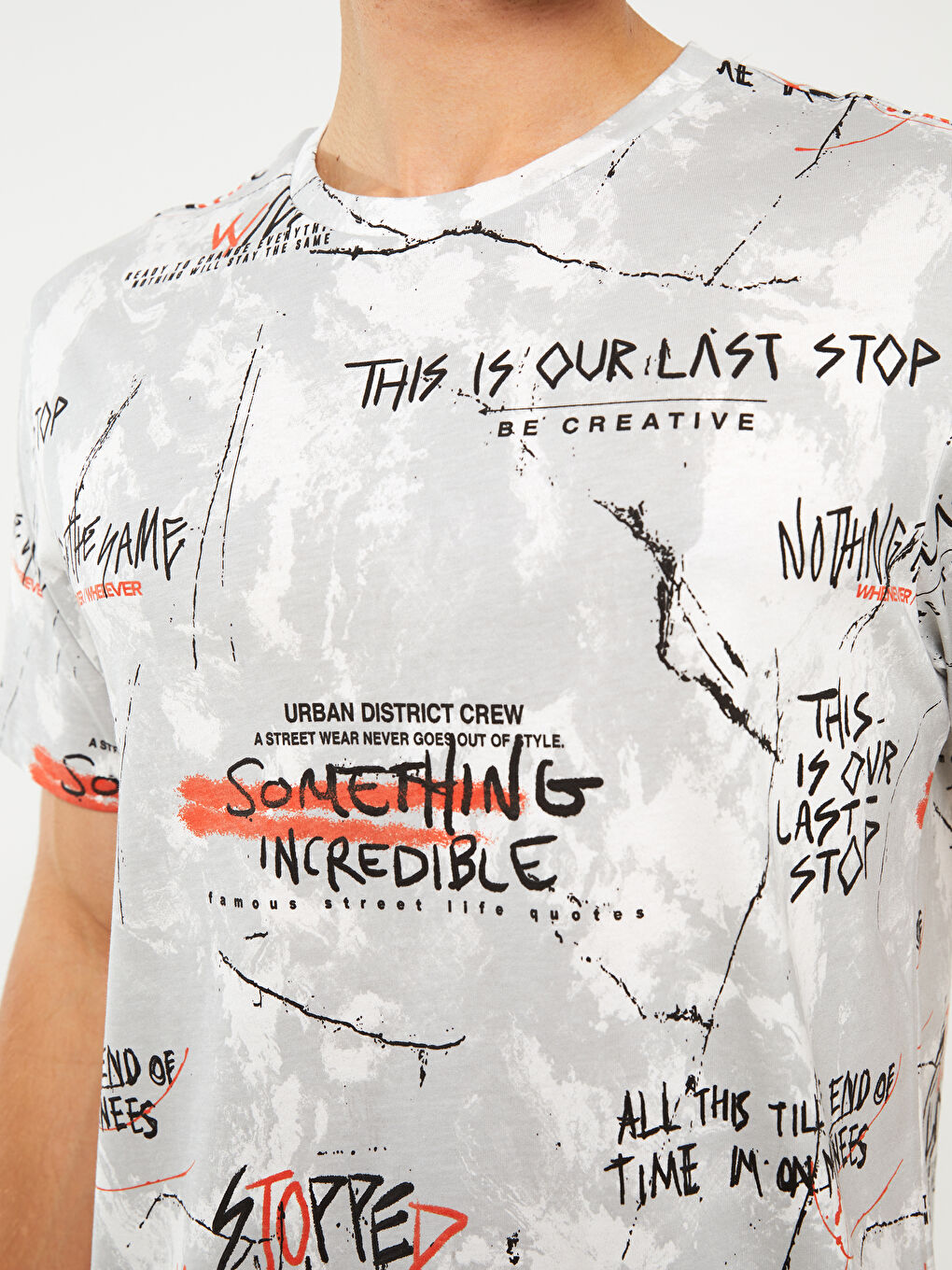 Beyaz Bisiklet Yaka Kısa Kollu Baskılı Penye Erkek Tişört-3