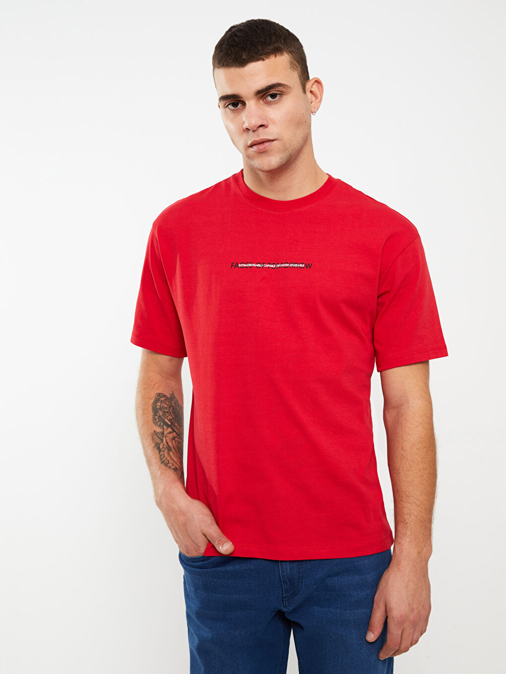 Kırmızı Bisiklet Yaka Kısa Kollu Baskılı Penye Erkek Tişört-1
