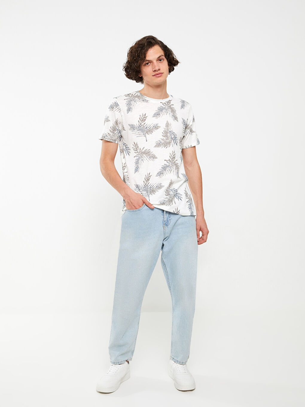 Ekru Bisiklet Yaka Kısa Kollu Baskılı Penye Erkek Tişört-1