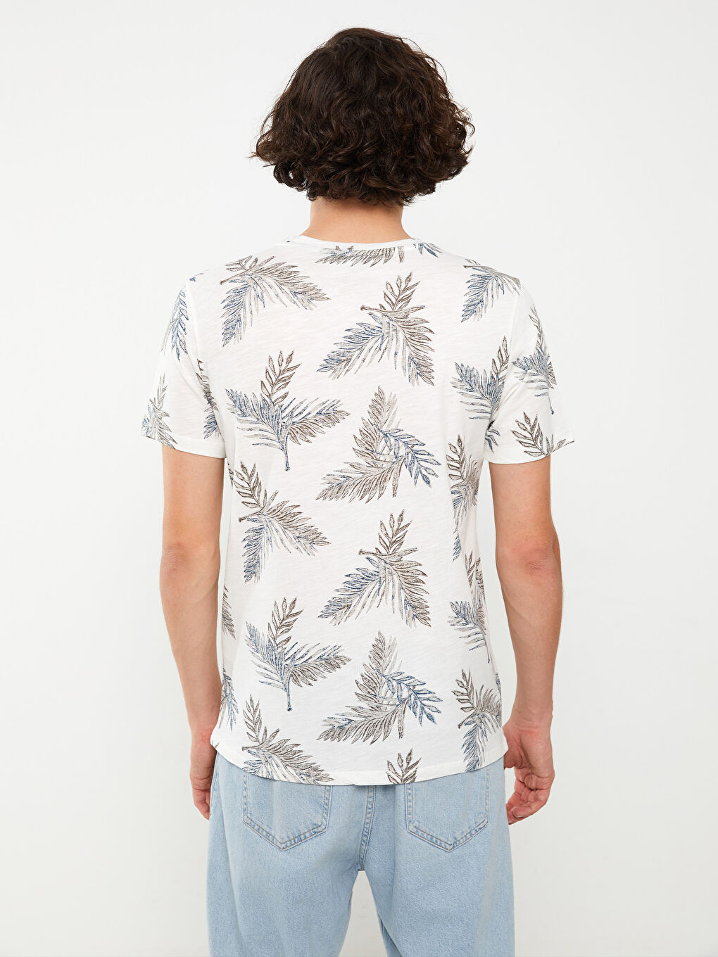 Ekru Bisiklet Yaka Kısa Kollu Baskılı Penye Erkek Tişört-3