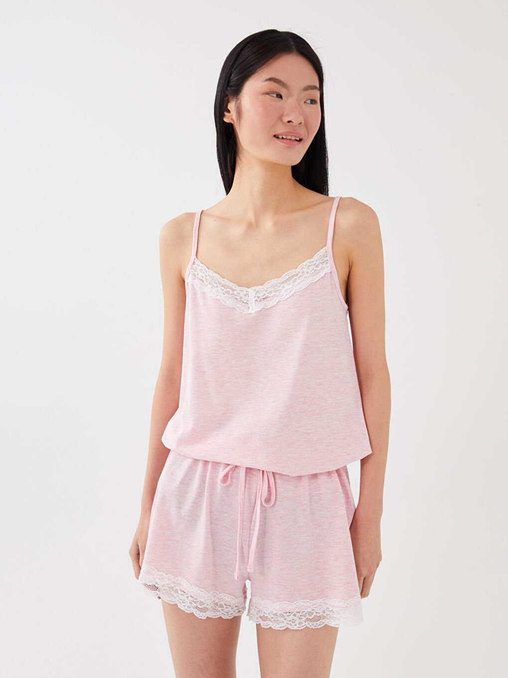 V-Neck Lace Detailed Strap Women's Short Jumpsuit Pajamas -S32715Z8-E6R