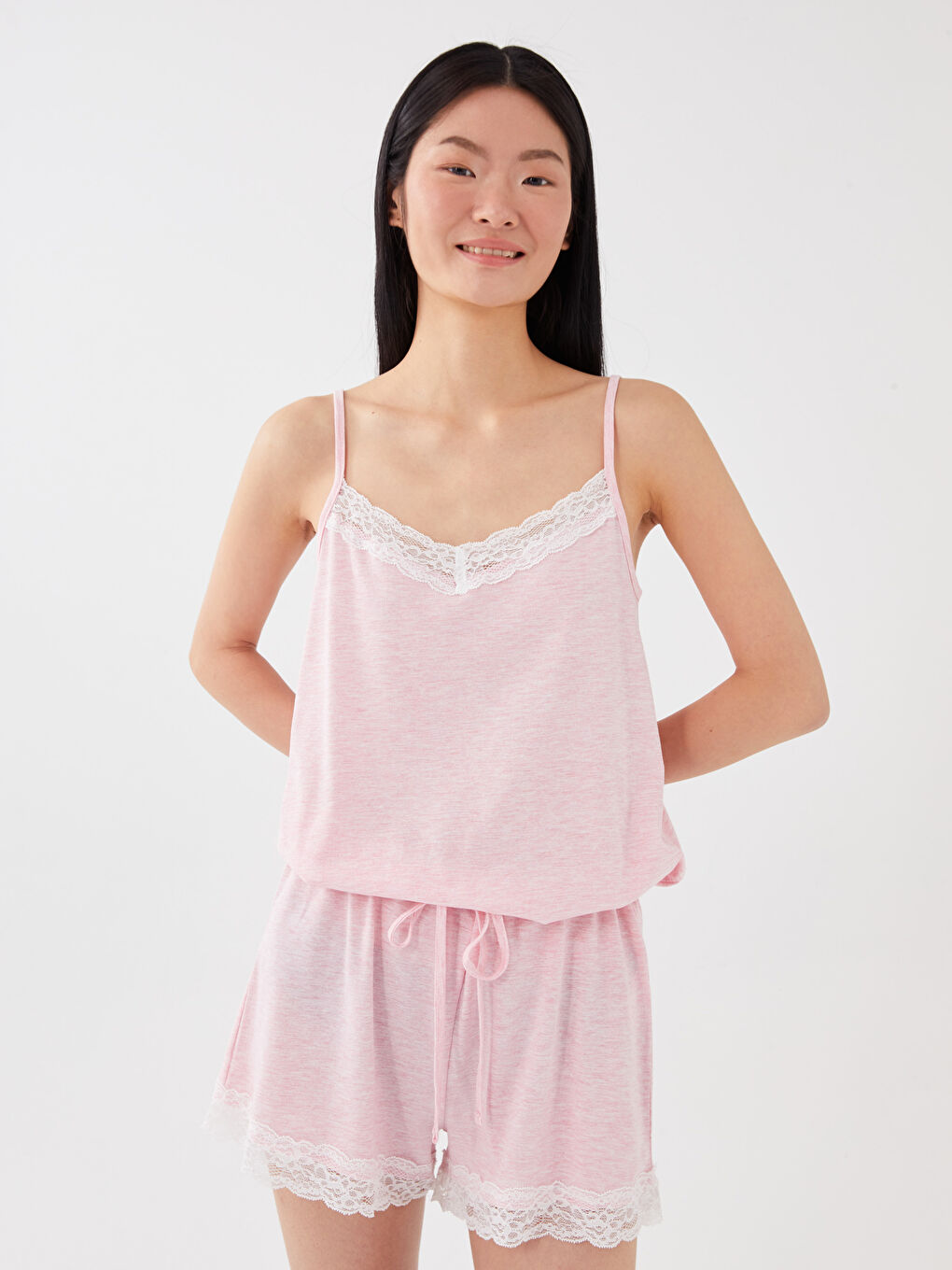 V-Neck Lace Detailed Strap Women's Short Jumpsuit Pajamas -S32715Z8-E6R