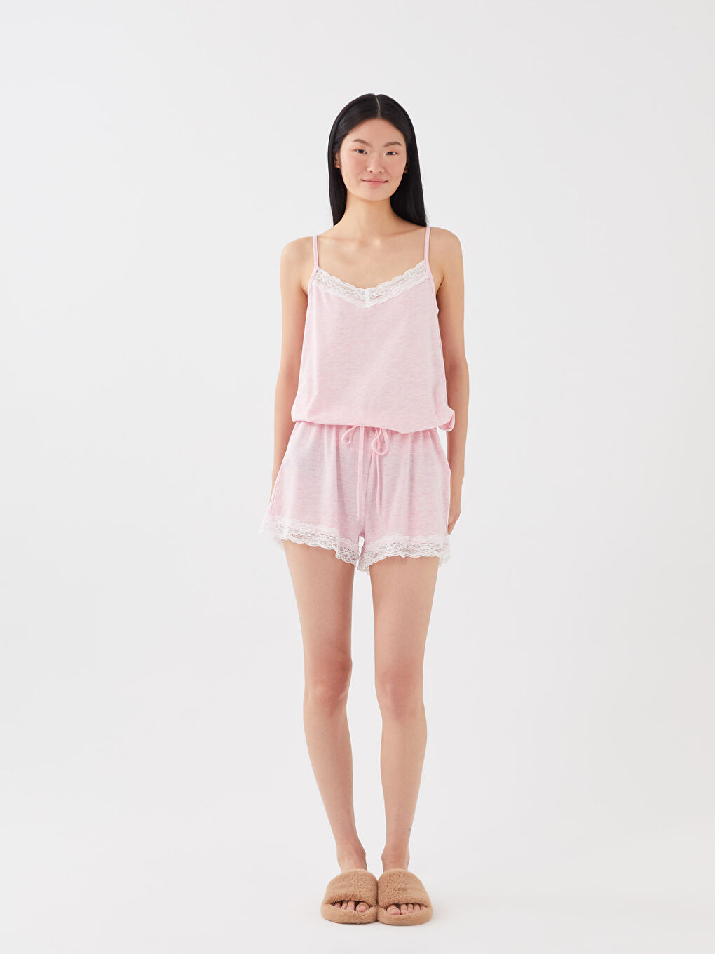 V-Neck Lace Detailed Strap Women's Short Jumpsuit Pajamas -S32715Z8-E6R