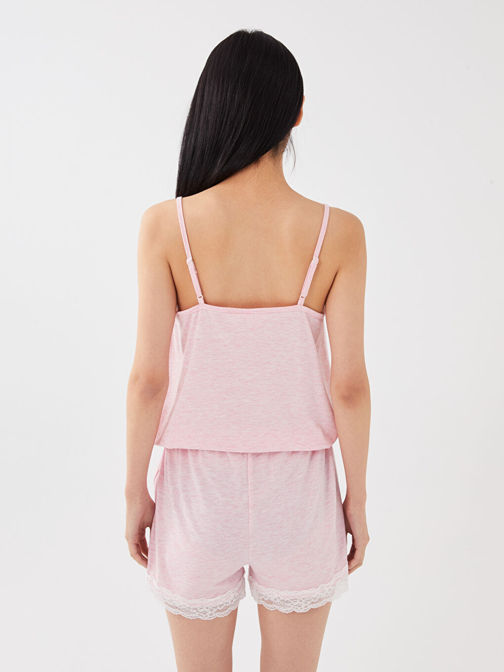 V-Neck Lace Detailed Strap Women's Short Jumpsuit Pajamas -S32715Z8-E6R