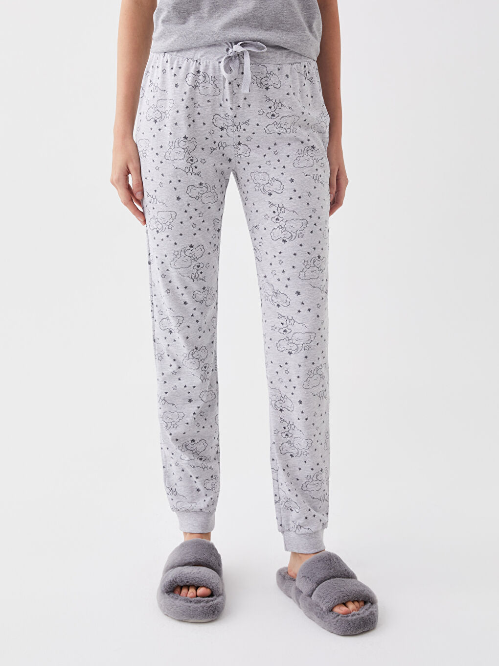 Gri Beli Lastikli Desenli Kadın Jogger Pijama Alt-2