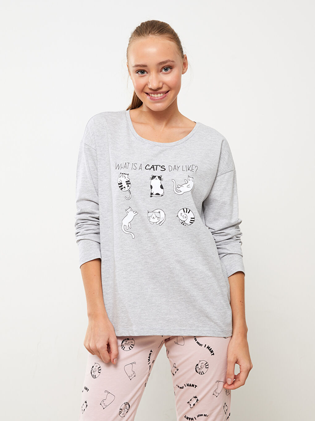 Crew Neck Printed Long Sleeve Women's Pyjama Set-1