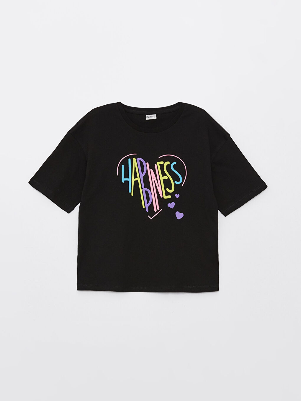 Siyah Bisiklet Yaka Kısa Kollu Baskılı Kız Çocuk Tişört