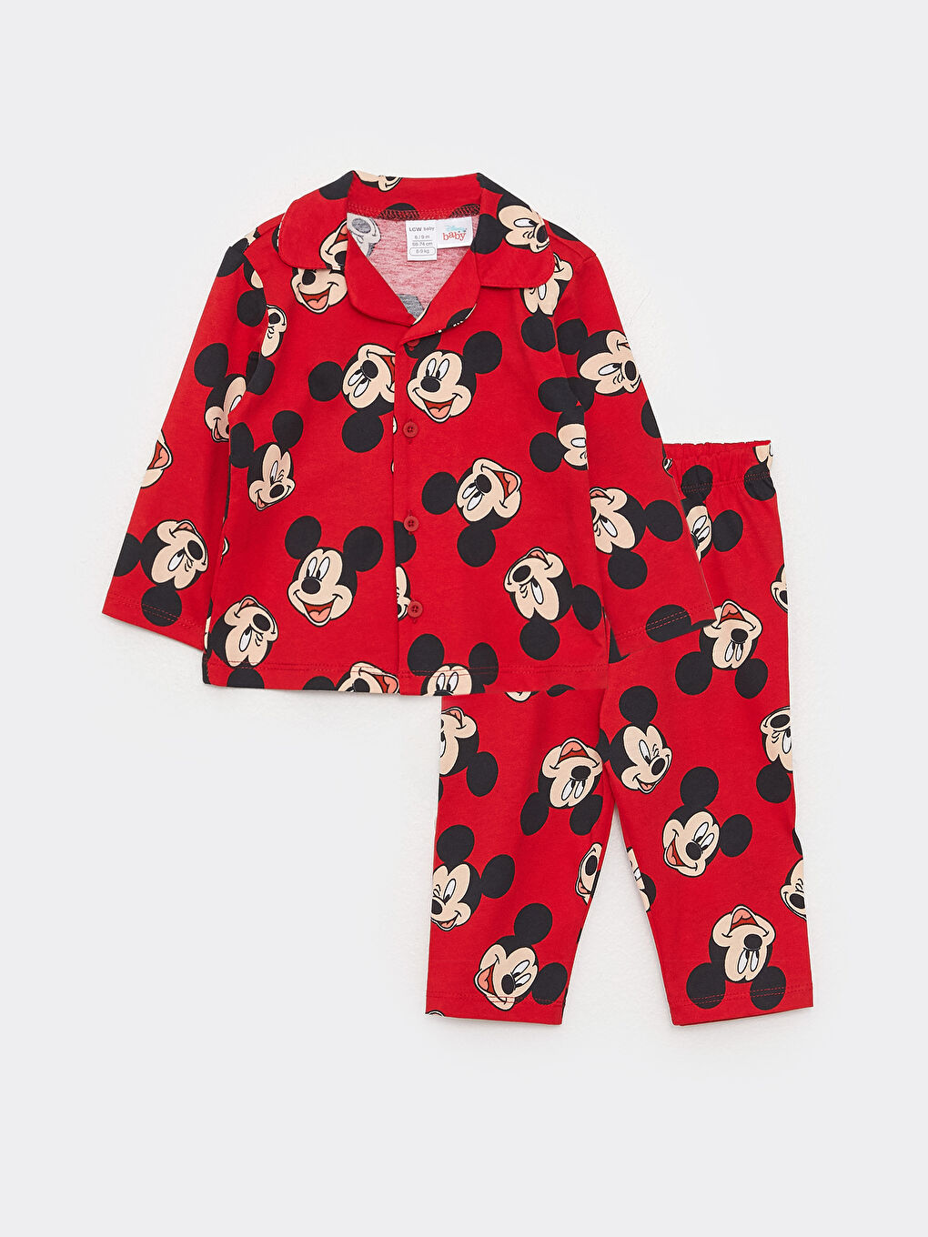 Kırmızı Polo Yaka Uzun Kollu Mickey Mouse Baskılı Erkek Bebek Pijama Takımı