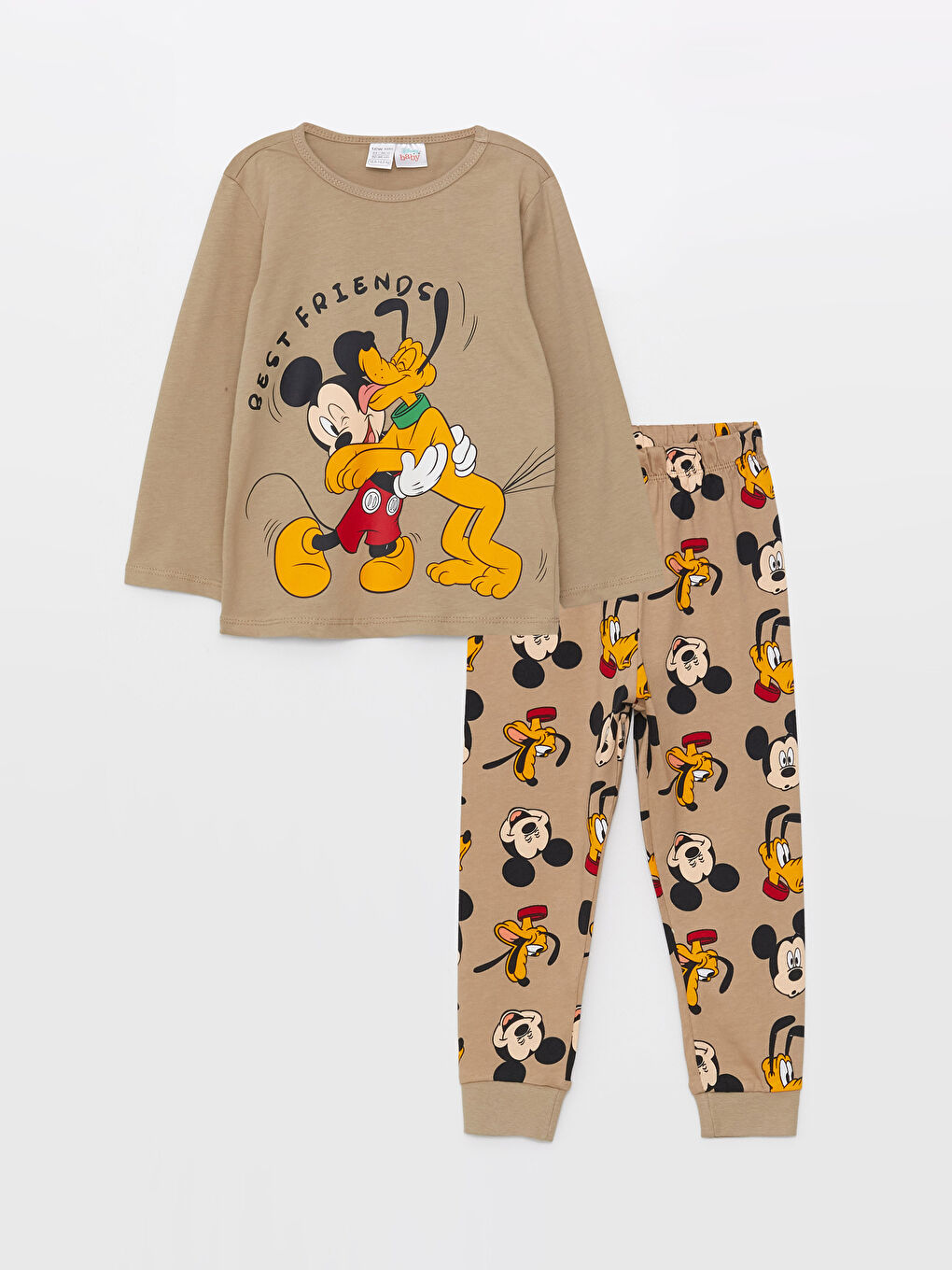 Bej Bisiklet Yaka Uzun Kollu Mickey Mouse Baskılı Erkek Bebek Pijama Takımı