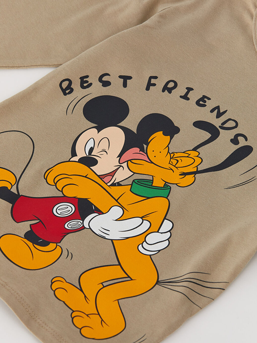 Bej Bisiklet Yaka Uzun Kollu Mickey Mouse Baskılı Erkek Bebek Pijama Takımı-3