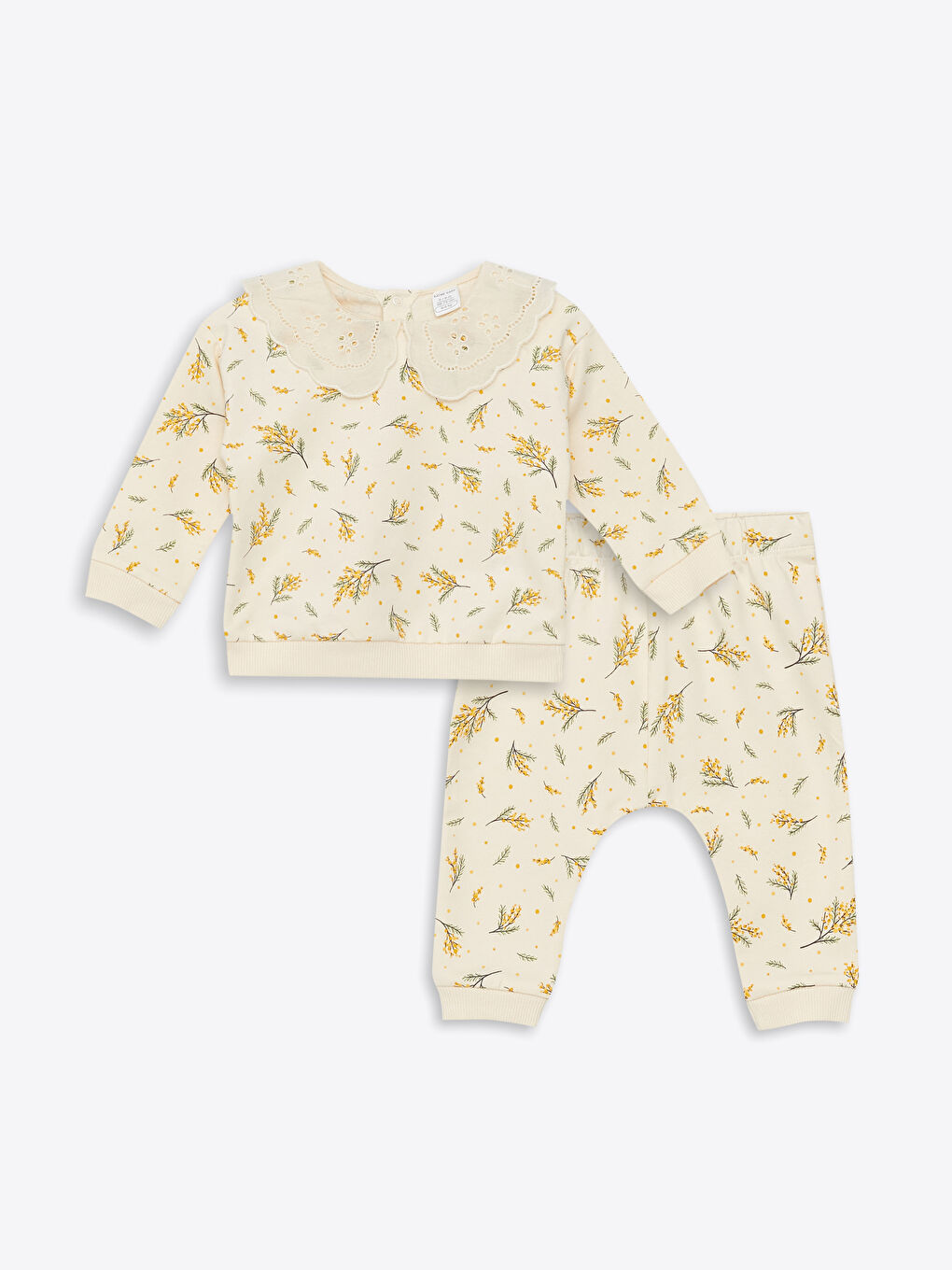 Ekru Bebe Yaka Uzun Kollu Desenli Kız Bebek Sweatshirt ve Pantolon 2'li Takım-3