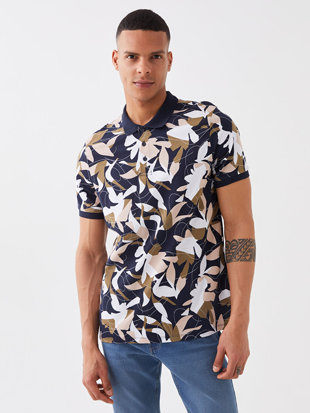 Lacivert Polo Yaka Kısa Kollu Desenli Penye Erkek Tişört