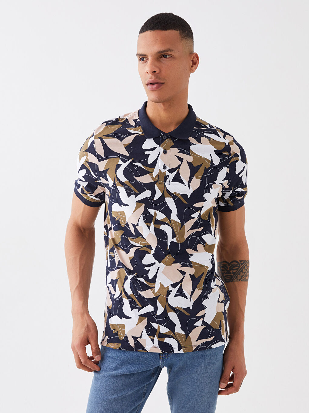 Lacivert Polo Yaka Kısa Kollu Desenli Penye Erkek Tişört-1