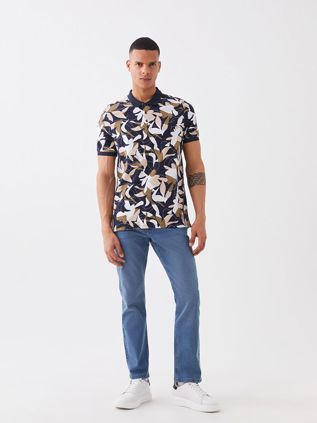 Lacivert Polo Yaka Kısa Kollu Desenli Penye Erkek Tişört-2