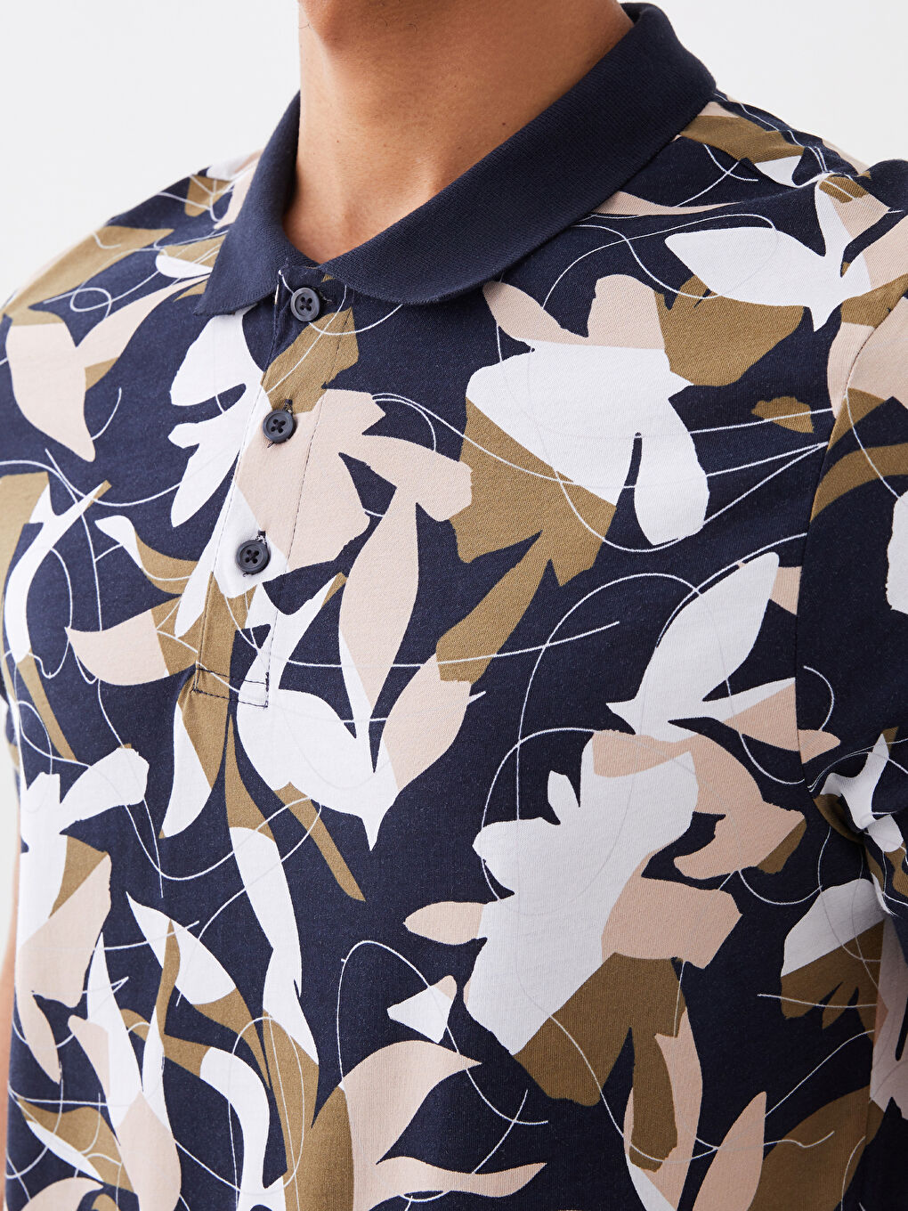 Lacivert Polo Yaka Kısa Kollu Desenli Penye Erkek Tişört-3