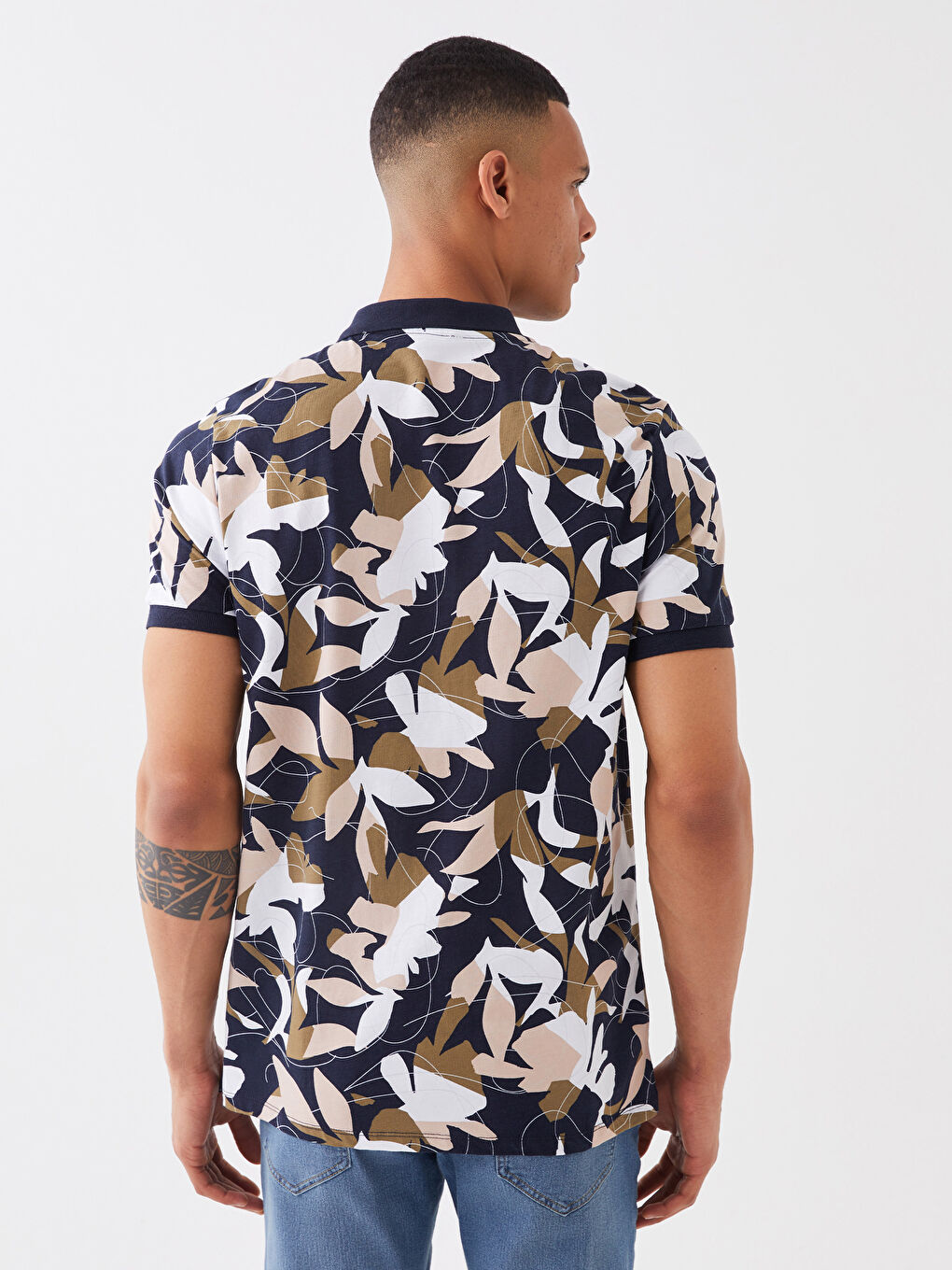 Lacivert Polo Yaka Kısa Kollu Desenli Penye Erkek Tişört-4