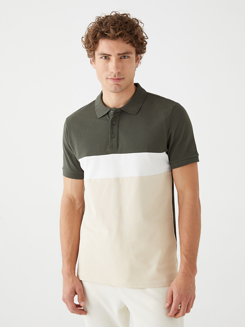 Ерлерге арналған поло жағалы қысқа жең түрлі-түсті пике футболка-1