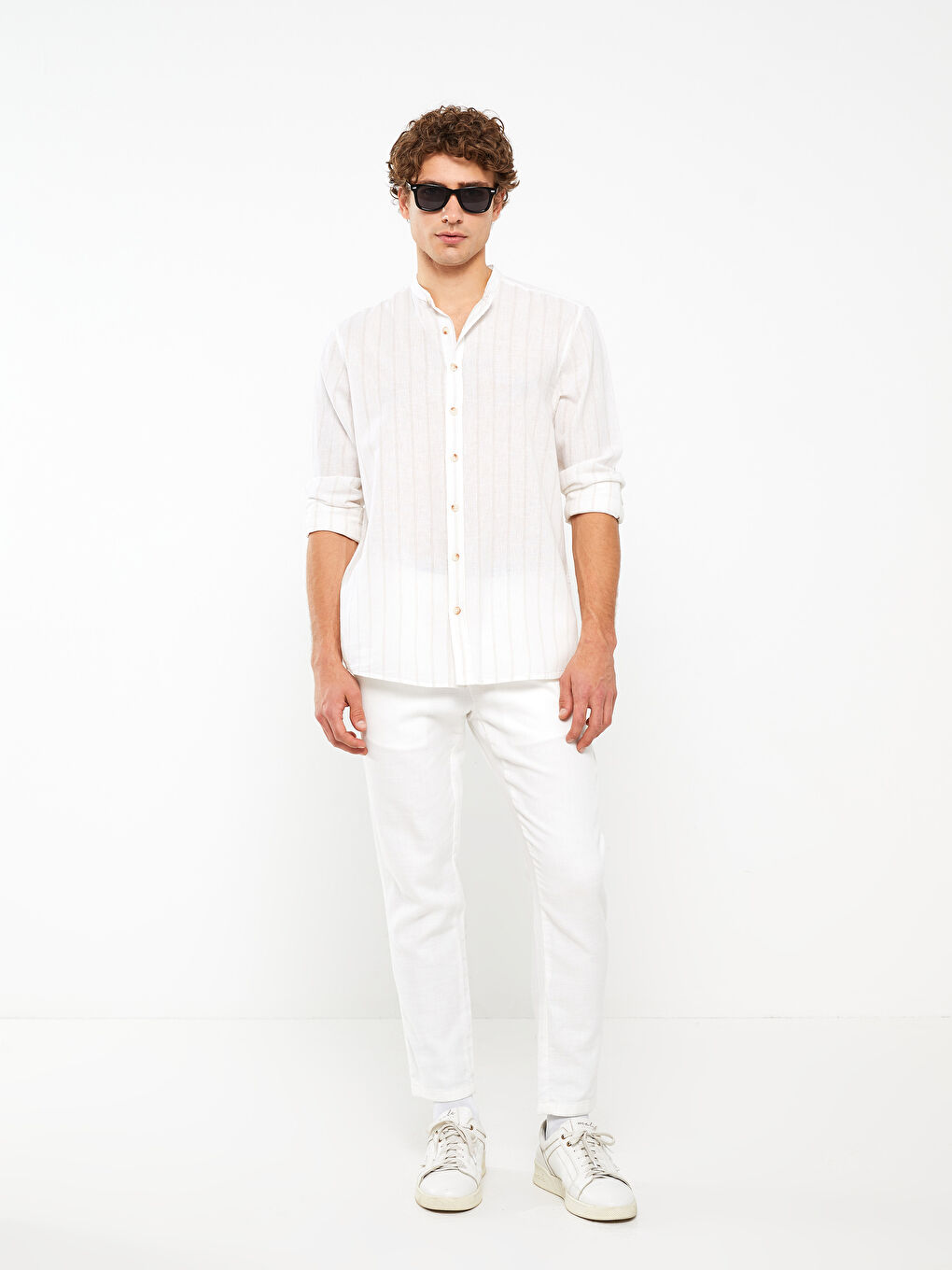 Bej Regular Fit Hakim Yaka Uzun Kollu Keten Karışımlı Erkek Gömlek-2