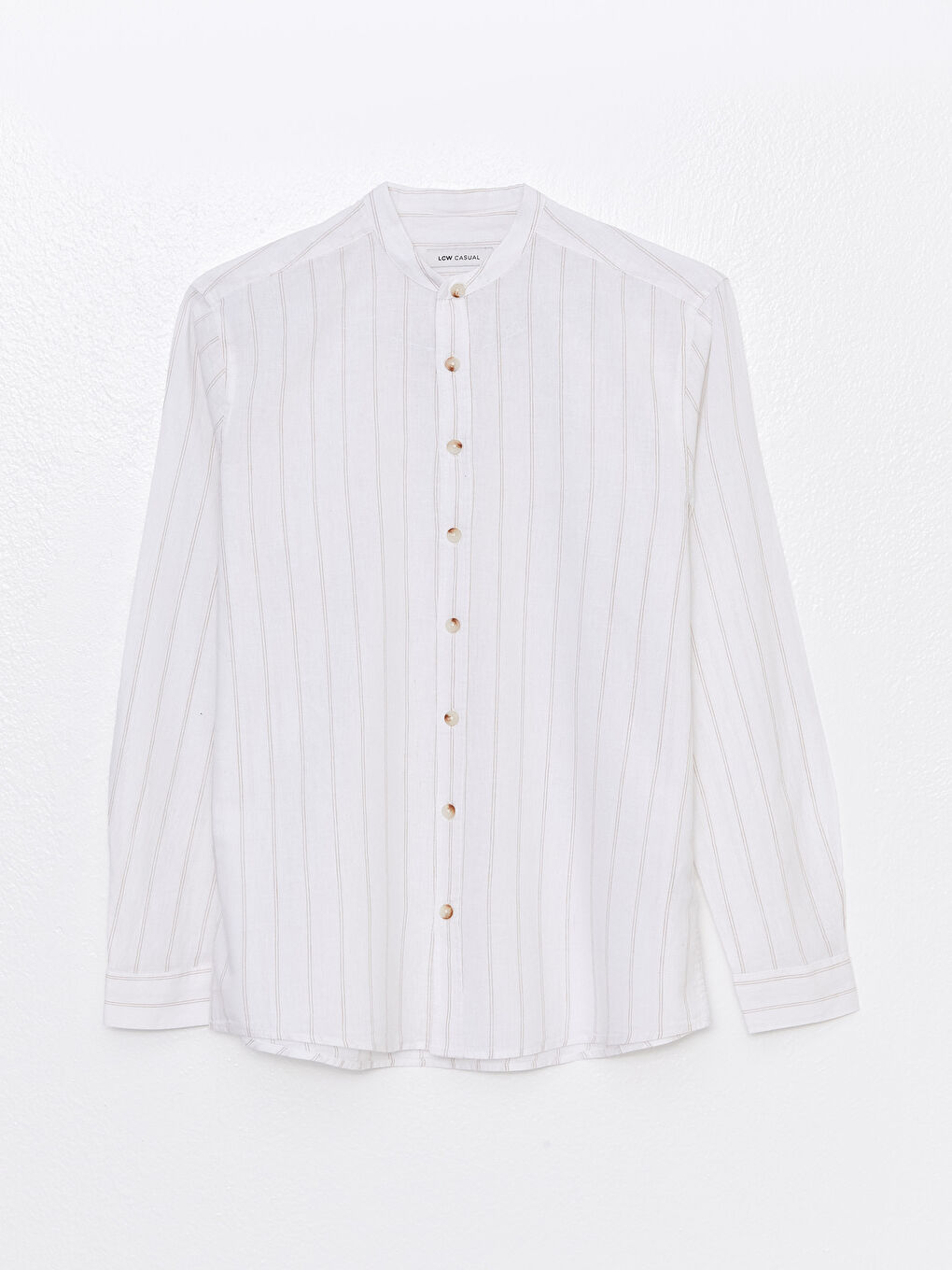 Bej Regular Fit Hakim Yaka Uzun Kollu Keten Karışımlı Erkek Gömlek-5